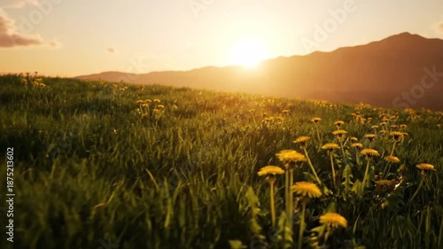 Serene sunset over a field of dandelions with mountains in the background