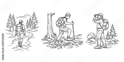 Illustration set of hikers in nature: walking forest trails, climbing over tree roots, and observing landscapes with binoculars. Outdoor adventure and exploration theme. Vector illustration.