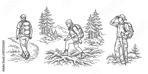 Illustration set of hikers trekking through forested trails. Includes scenes of walking, navigating rocky roots, and observing the surroundings. Vector illustration.