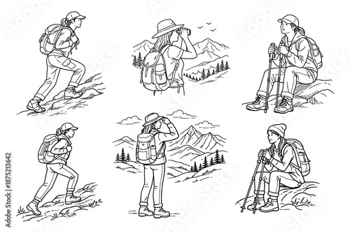 Illustration set of female hikers engaged in outdoor activities: trekking uphill, observing landscapes with binoculars, and resting on rocks.  Vector illustration.