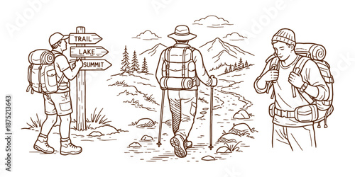 Illustration set of male hikers on a mountain trail: reading a trail sign, walking with trekking poles, and adjusting gear. Outdoor exploration and backpacking adventure theme. Vector illustration.