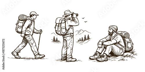 Illustration set of male hikers on a journey: walking with trekking poles. Outdoor adventure and wilderness exploration concept. Vector illustration.