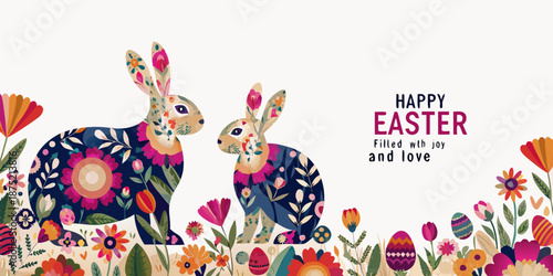 easter bunnies in colorful flowers and eggs