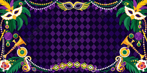 Mardi Gras decorative border with colorful masks and beads on purple background