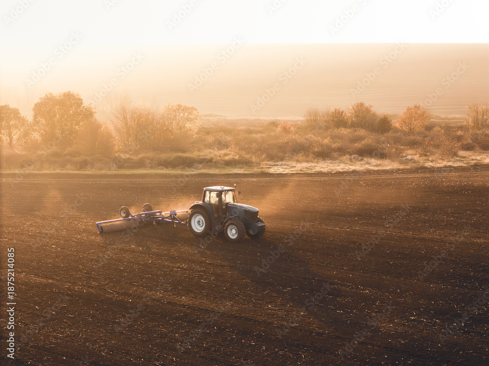 Fototapeta premium Agricultural concept, a tractor plow a field at sunset golden hour. Aerial Top view