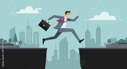 Businessman jumping over gap between buildings in cityscape for success and risk concept