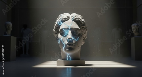 Illuminated ancient bust with electric blue cracks in moody museum setting