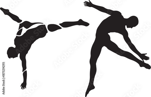 Silhouette of Male Gymnast Doing One Handed Handstand Balance & Leaping in Mid-Air Motion