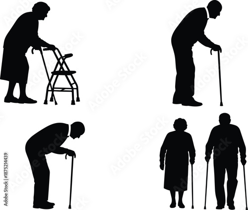Black Silhouette Vector Set of Elderly People Using Walking Canes and Mobility Walkers for Senior Care Aging Healthcare Nursing Home and Geriatric Support Concepts