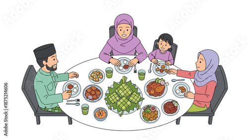 This flat design illustration depicts a Muslim family happily sharing an Eid al-Fitr feast, with a spread of traditional dishes on the table.