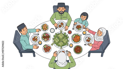 This flat design illustration depicts a Muslim family happily sharing an Eid al-Fitr feast, with a spread of traditional dishes on the table.