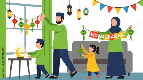 A lively flat design illustration shows a Muslim family enthusiastically decorating their home with traditional ornaments for Eid al-Fitr. 