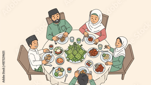 This flat design illustration depicts a Muslim family happily sharing an Eid al-Fitr feast, with a spread of traditional dishes on the table.