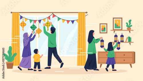 A lively flat design illustration shows a Muslim family enthusiastically decorating their home with traditional ornaments for Eid al-Fitr. 