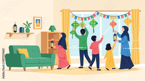 A lively flat design illustration shows a Muslim family enthusiastically decorating their home with traditional ornaments for Eid al-Fitr. 