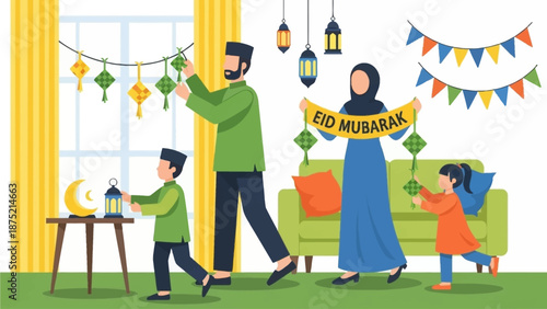 A lively flat design illustration shows a Muslim family enthusiastically decorating their home with traditional ornaments for Eid al-Fitr. 