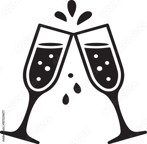 Two black and white wine glasses clinking with bubbles celebration toast