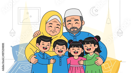 A heartwarming flat design illustration portrays Muslim grandparents lovingly embracing their excited grandchildren during Eid al-Fitr. 