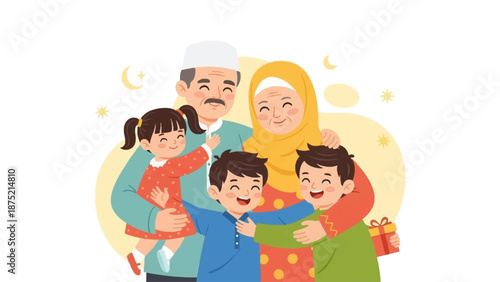 A heartwarming flat design illustration portrays Muslim grandparents lovingly embracing their excited grandchildren during Eid al-Fitr. 