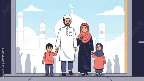This flat design illustration shows a Muslim family respectfully leaving a mosque after performing Eid al-Fitr prayer, greeting fellow worshippers. 