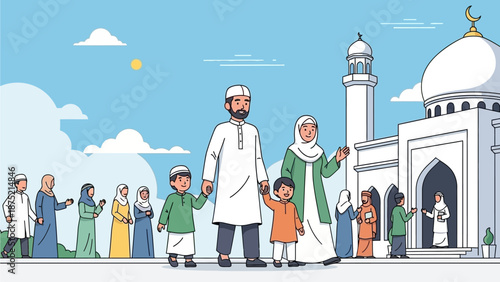 This flat design illustration shows a Muslim family respectfully leaving a mosque after performing Eid al-Fitr prayer, greeting fellow worshippers. 
