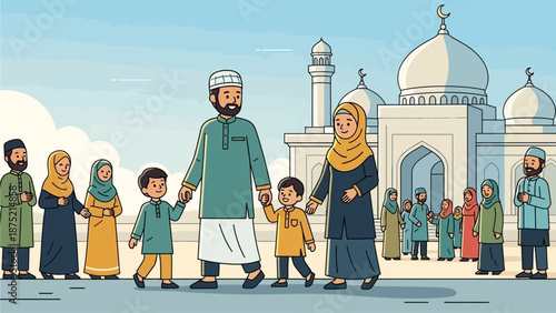 This flat design illustration shows a Muslim family respectfully leaving a mosque after performing Eid al-Fitr prayer, greeting fellow worshippers. 