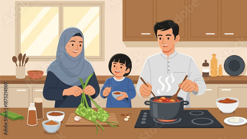 A delightful flat design illustration depicts a Muslim family happily preparing traditional Eid al-Fitr dishes like ketupat and rendang in their kitchen. 