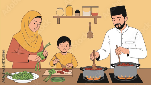 A delightful flat design illustration depicts a Muslim family happily preparing traditional Eid al-Fitr dishes like ketupat and rendang in their kitchen. 