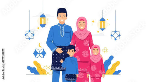 A vibrant flat design illustration captures a Muslim family posing for a cheerful group photo in their beautiful traditional Eid al-Fitr attire. This 2D vector art embodies joy and cultural elegance.