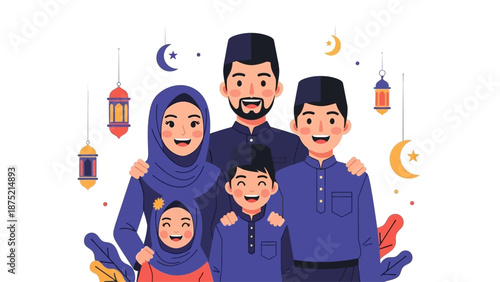 A vibrant flat design illustration captures a Muslim family posing for a cheerful group photo in their beautiful traditional Eid al-Fitr attire. This 2D vector art embodies joy and cultural elegance.
