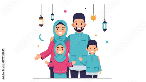 A vibrant flat design illustration captures a Muslim family posing for a cheerful group photo in their beautiful traditional Eid al-Fitr attire. This 2D vector art embodies joy and cultural elegance.
