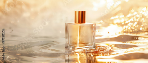 Luxury perfume bottle with a golden cap placed on reflective golden liquid with gentle splash. Warm lighting and bokeh create an elegant, sensual atmosphere. Ideal for beauty, fragrance, and cosmetics