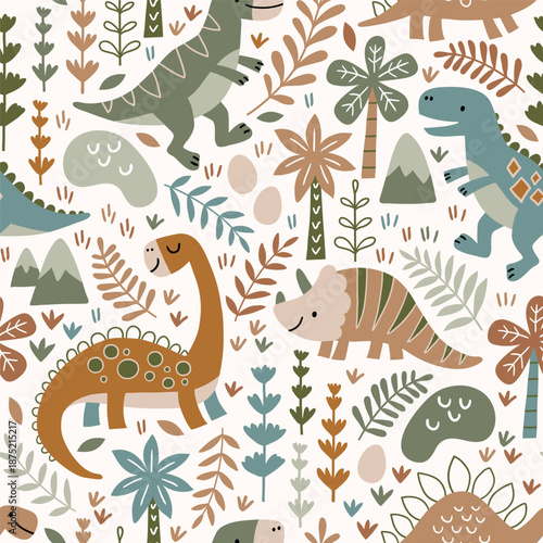 Seamless vector pattern with dinosaurs, mountains and palm trees. Hand drawn cute dino design. Perfect for fabric, wallpaper, wrapping paper or nursery decor.