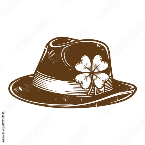 Drawing Vintage Brown fedora hat with white shamrock on ribbon  St Patricks Day symbol