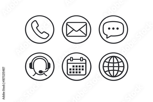 Set of communication and contact icons including phone, email, chat, headset, calendar, and globe