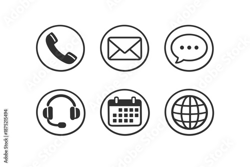 Set of communication and contact icons including phone, email, chat, headset, calendar, and globe