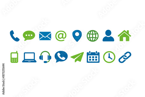 Collection of communication and contact icons in blue and green