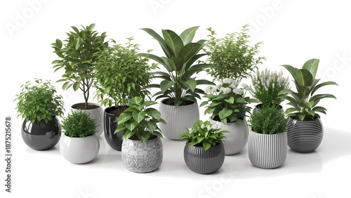 A collection of potted plants arranged on a white background for a decorative display