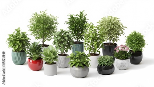 A collection of various potted plants arranged on a white background