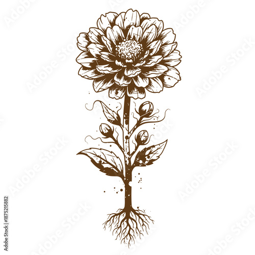 Drawing Vintage Brown flower with roots and leaves on white background