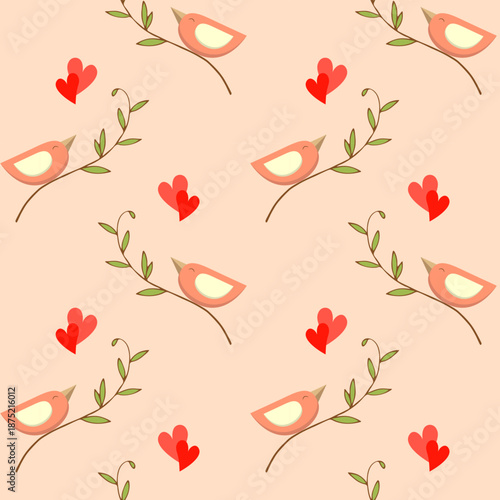 Romantic pattern with birds and hearts for Valentines Day, declaration of love, birds sing serenades to your beloved.