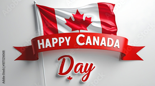 A close-up of a Canadian flag with a red ribbon banner reading 