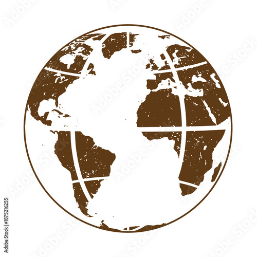 Drawing Vintage Brown globe with distressed continents and white background  world map illustration