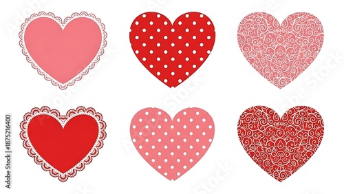 Collection of six decorative hearts in various pink and red patterns