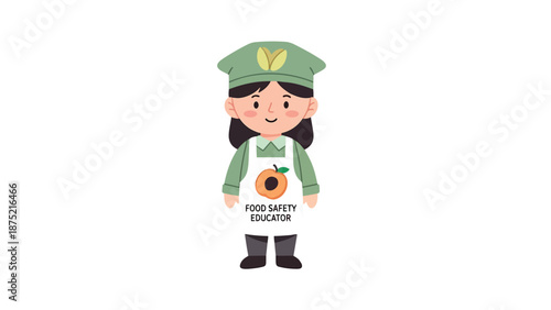 A cute cartoon girl character dressed as a food safety educator wearing a chef's hat and apron with an orange fruit emblem.