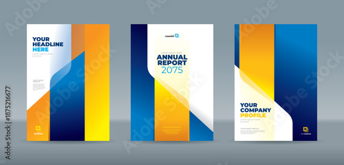 Professional cover template with modern vertical geometric columns in vibrant blue and golden yellow gradients. A4 size book cover template for annual report, magazine, booklet, proposal, portfolio