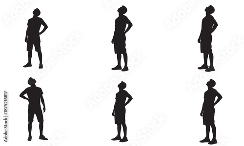 Collection of six male silhouettes looking upwards, conveying contemplation, aspiration, hope, and wonder in a minimalist graphic illustration.