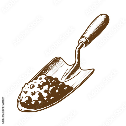 Drawing Vintage brown illustration of a garden trowel filled with soil isolated on white background