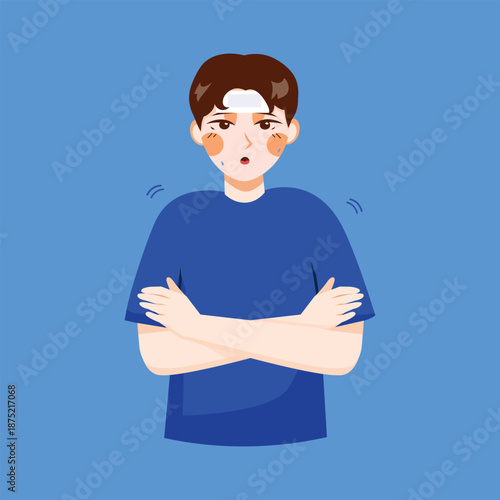 A flat illustration of a man hugging himself while shivering, representing cold sensation, discomfort, and health-related conditions.