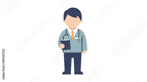 A cartoon illustration of a male doctor wearing a lab coat and stethoscope, holding a clipboard.